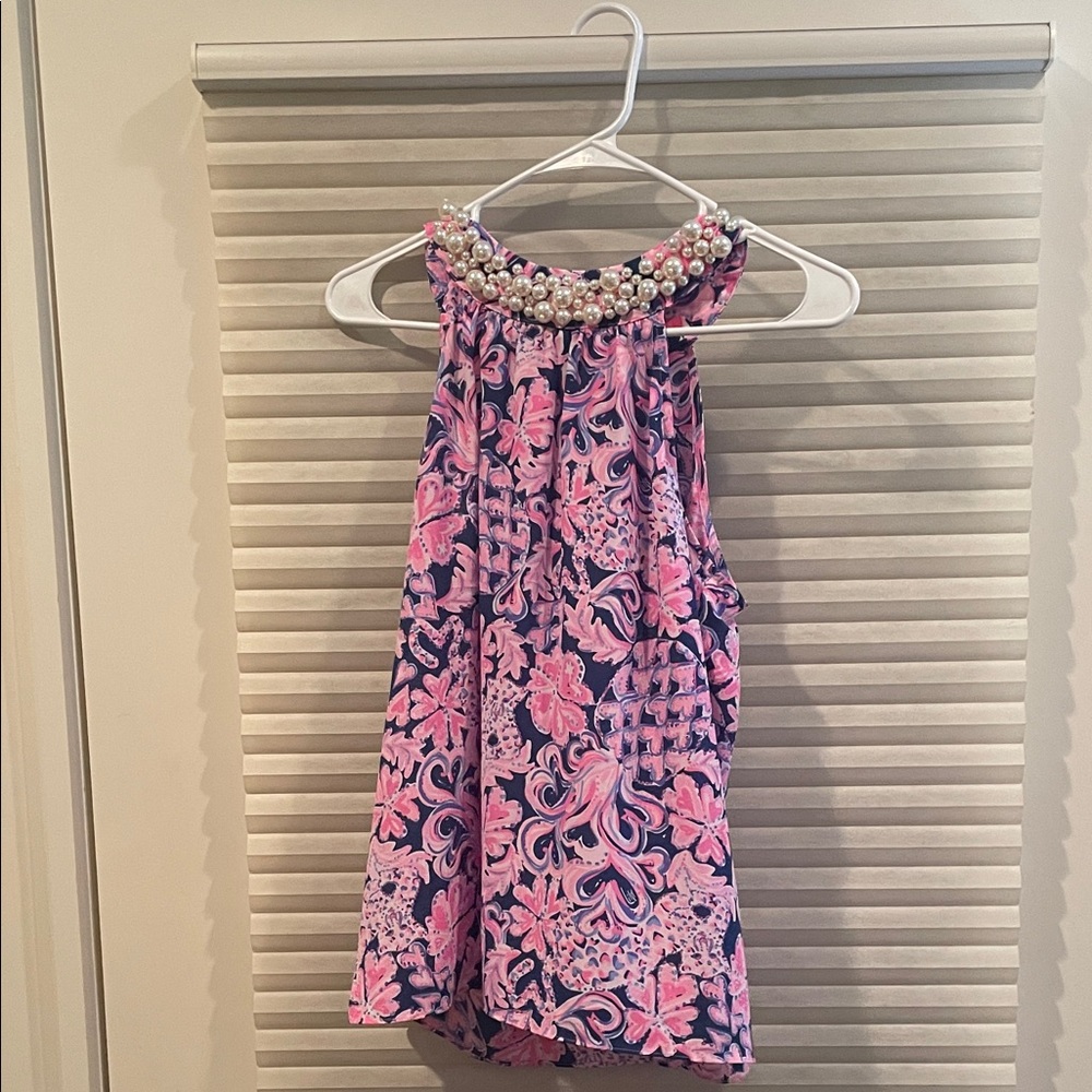 Lilly Pulitzer Pink and Navy Blouse with Pearl Accents